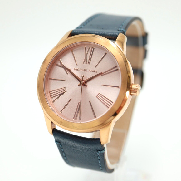 Michael Kors Hartman Rose Gold Tone Watch 38mm Blue Leather MK3491 New Battery - Picture 1 of 16